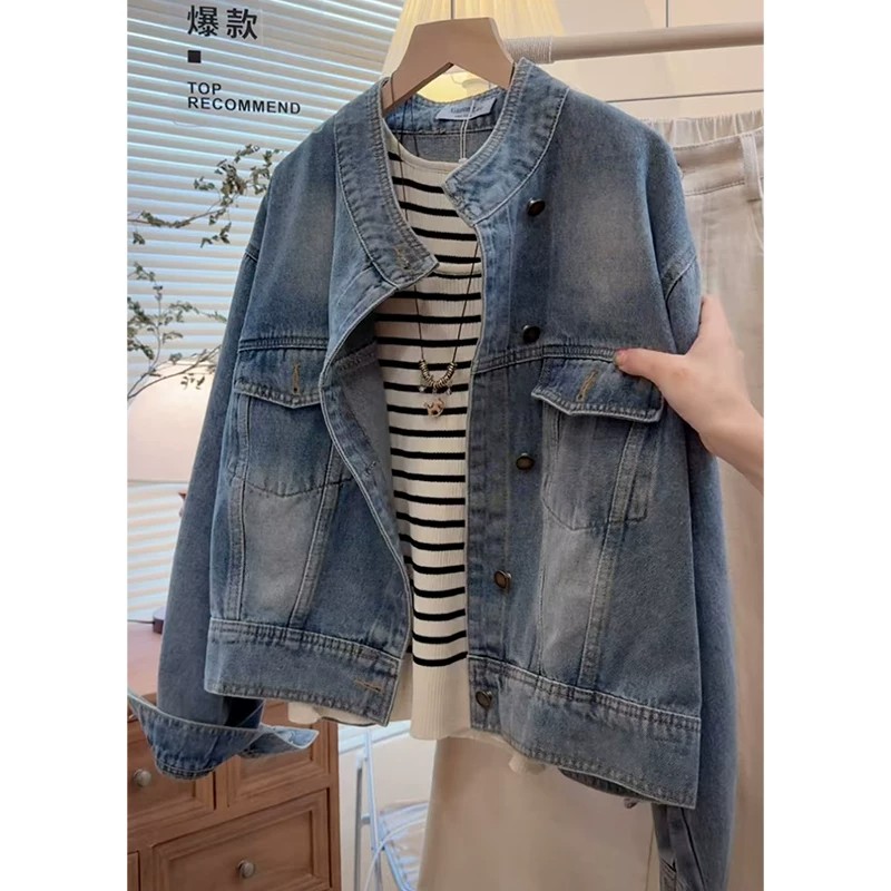 Korean Style Retro Stand Collar Denim Jacket Women Loose Slimming Casual Top - Image 4