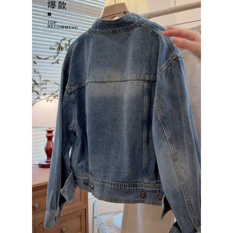 Korean Style Retro Stand Collar Denim Jacket Women Loose Slimming Casual Top - Image 3