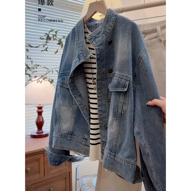 Korean Style Retro Stand Collar Denim Jacket Women Loose Slimming Casual Top - Image 2
