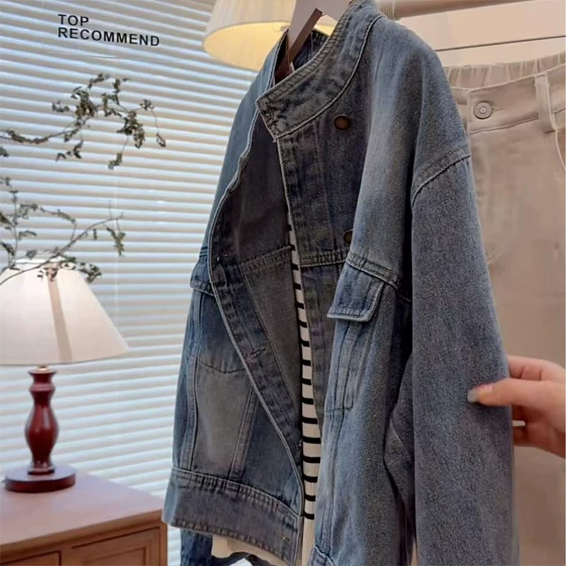 Korean Style Retro Stand Collar Denim Jacket Women Loose Slimming Casual Top - Image 5