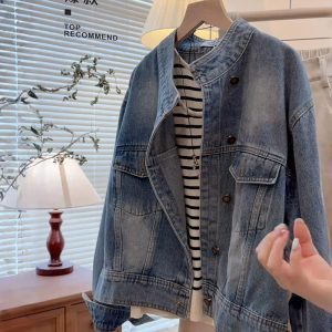 Korean Style Retro Stand Collar Denim Jacket Women Loose Slimming Casual Top