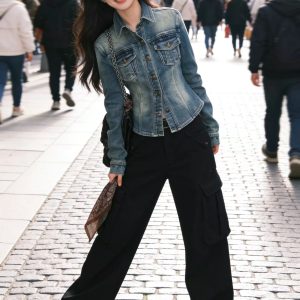 Street Hong Kong Style Retro Niche Design Denim Jacket Women 2026 Summer New Shoulder-Fitted Waist-Cinched Shirt