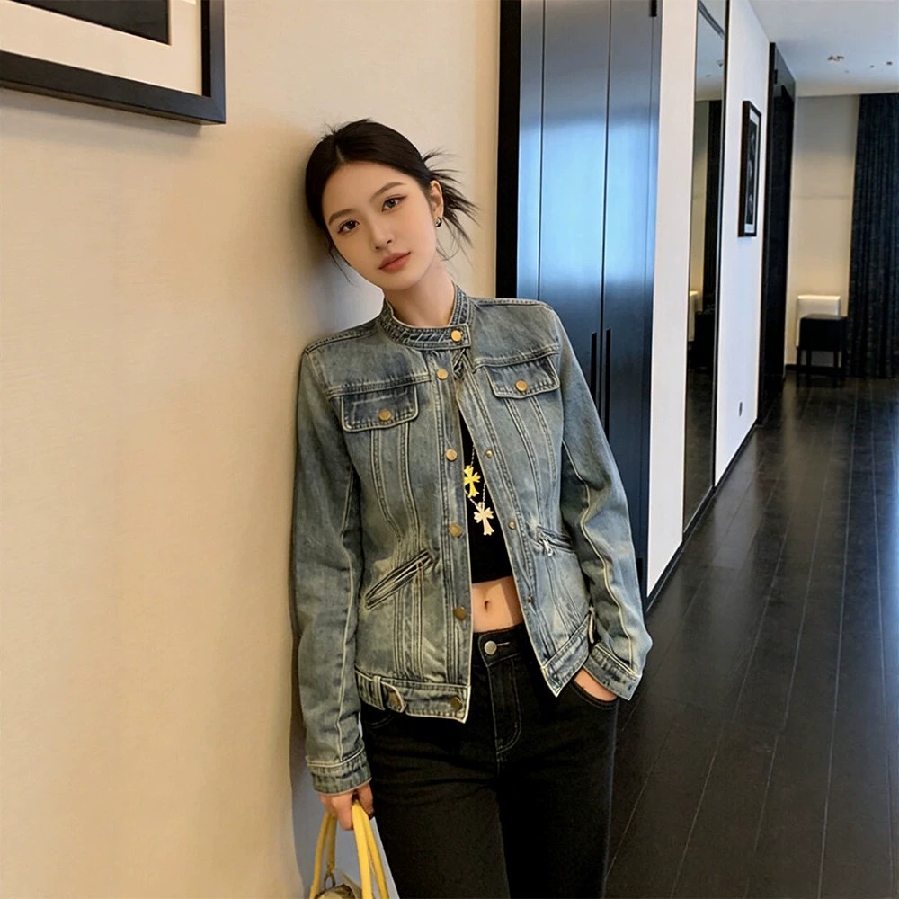 korean-retro-washed-stand-collar-cropped-denim-jacket-for-women