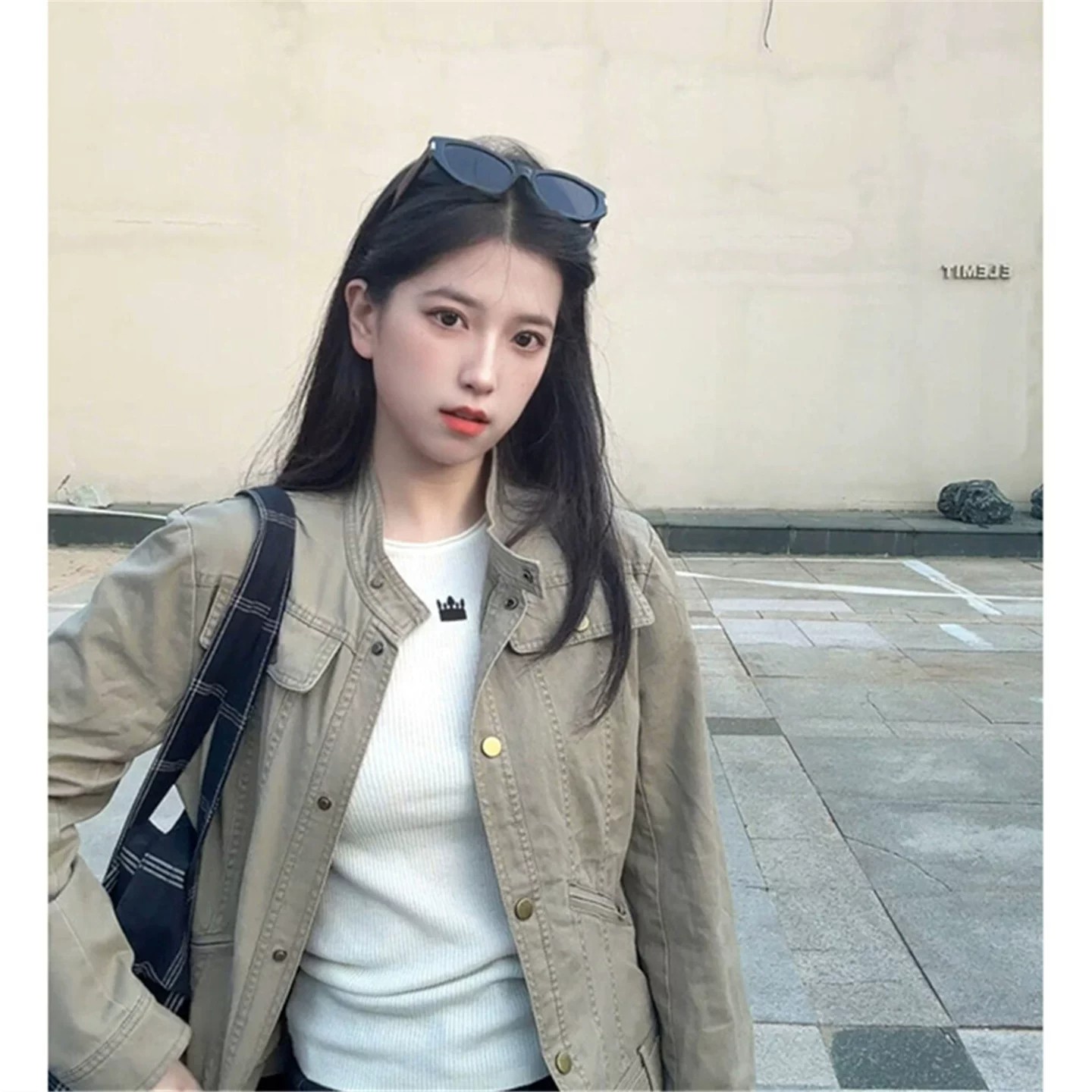 Vintage Khaki Washed Denim Jacket for Women with Stand Collar and Side Pockets - Image 5