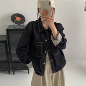 2026 Autumn Winter Washed Denim Jacket with Polo Collar and Double Pockets