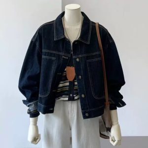 Spring New Dark Blue Short Denim Jacket Women Korean Style Casual Pocket Workwear Slimming Top