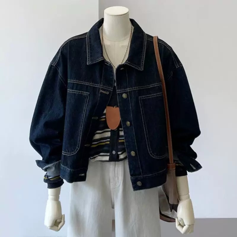 spring-new-dark-blue-short-denim-jacket-women-korean-style-casual-pocket-workwear-slimming-top