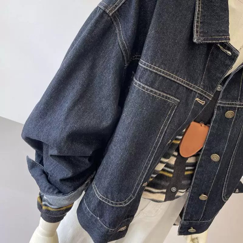 Spring New Dark Blue Short Denim Jacket Women Korean Style Casual Pocket Workwear Slimming Top - Image 4