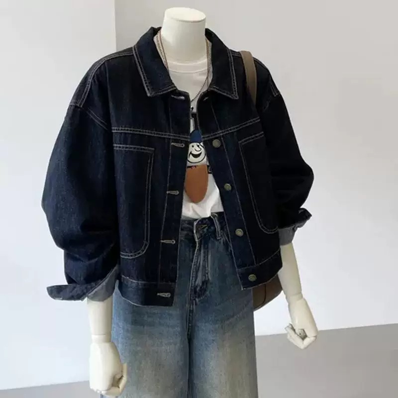 Spring New Dark Blue Short Denim Jacket Women Korean Style Casual Pocket Workwear Slimming Top - Image 2